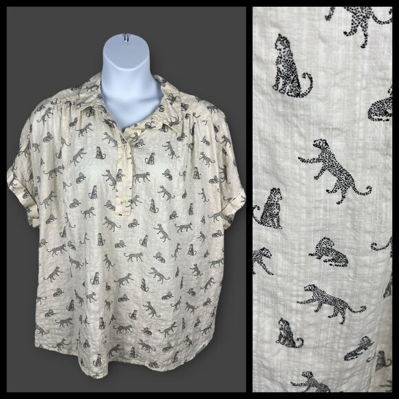 Lane Bryant Gauzy Boxy Pop Over Novelty Cheetah Cat Print Cream Blouse Top 26 - Picture 1 of 7